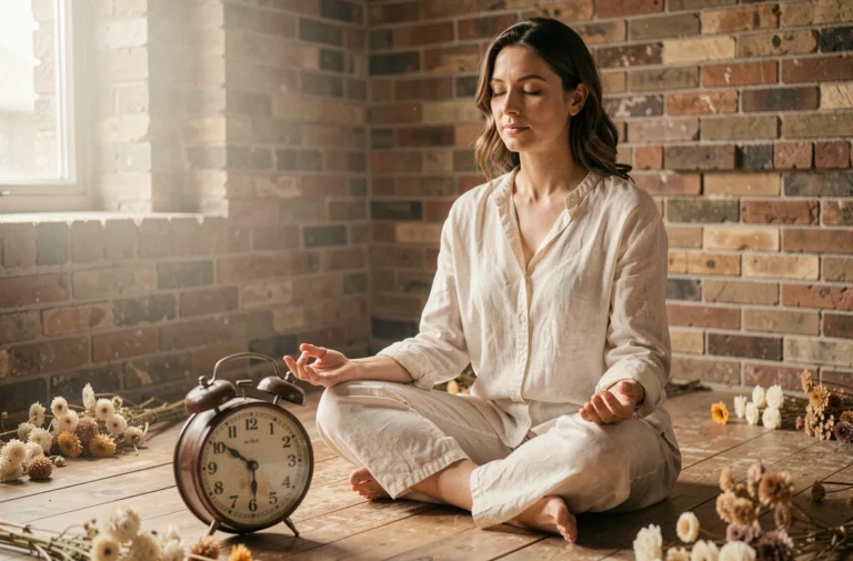Femme en méditation spirituelle près d'une horloge vintage affichant 12h02, atmosphère contemplative et symbolique en numérologie