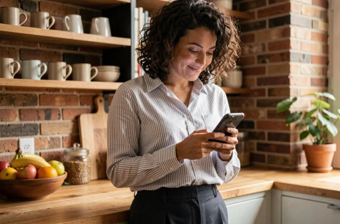 Femme aux cheveux bouclés consultant des offres de mode à petits prix sur son smartphone dans une cuisine moderne