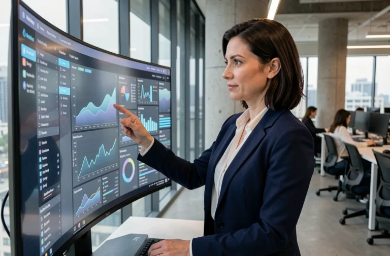 Une professionnelle analysant des tableaux de bord numériques sur un grand écran incurvé dans un bureau moderne, illustrant la performance digitale en entreprise.