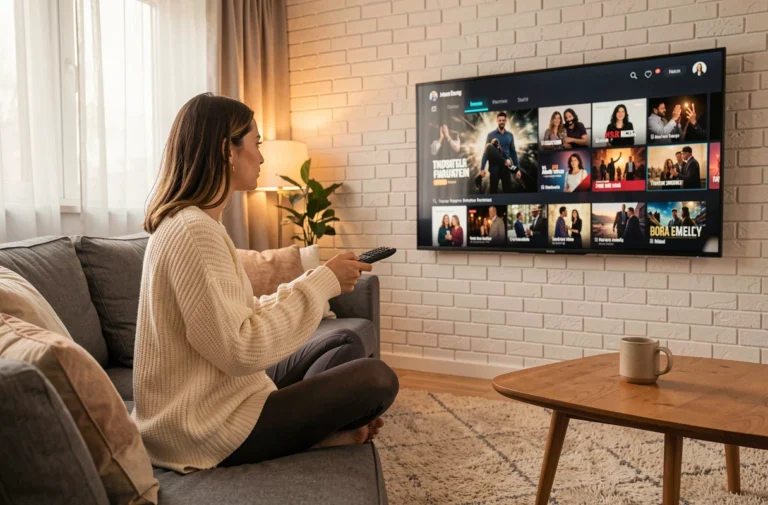 Jeune femme regardant ses séries préférées sur un écran de streaming dans un salon cosy