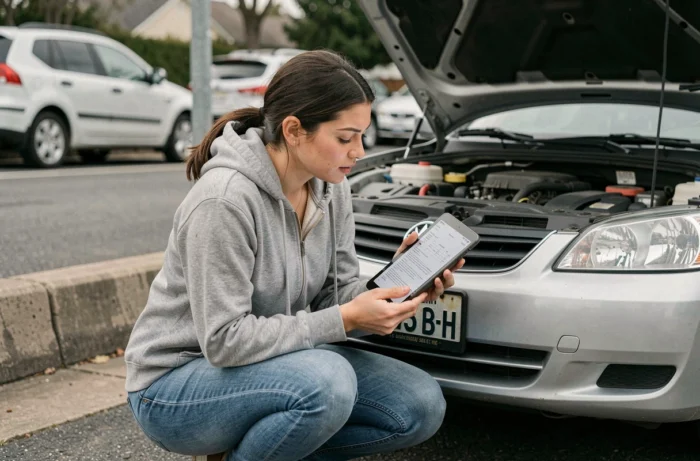 Femme consultant la revue technique de sa voiture en PDF sur une tablette devant un véhicule capot ouvert