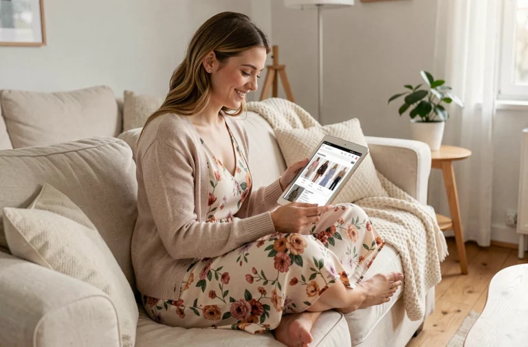 Jeune femme en robe fleurie faisant du shopping en ligne sur une tablette confortablement installée dans son salon