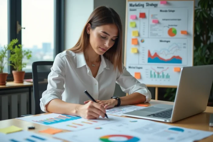 Femme professionnelle analysant une stratégie marketing digitale sur un bureau avec des documents et un ordinateur portable