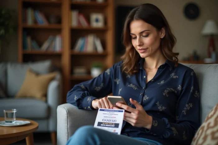 Femme vérifiant les codes My Million EuroMillions sur smartphone avec ticket en main dans un salon