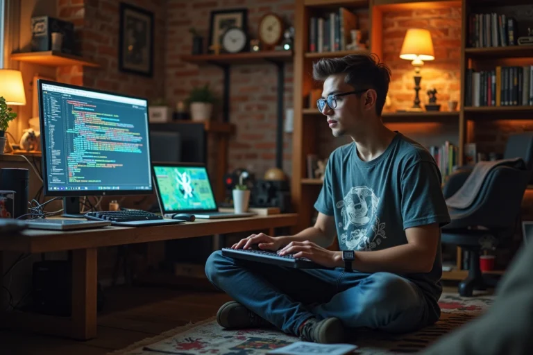 Jeune homme geek entouré d'ordinateurs portables et de magazines tech dans un bureau home-office chaleureux rempli de figurines et de livres de science-fiction