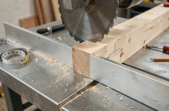 Gros plan sur la lame d'une scie radiale inclinée à 45 degrés avec une coupe en onglet nette sur une plinthe en bois dans un atelier