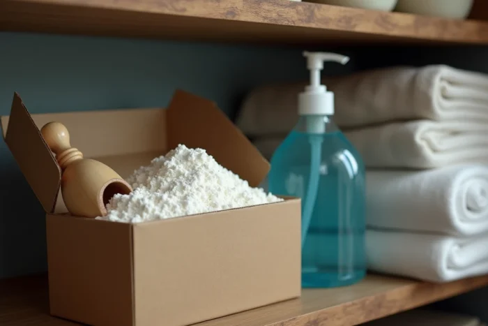 Gros plan sur une boîte de lessive en poudre ouverte avec une cuillère en bois et un flacon de lessive liquide sur une étagère en bois