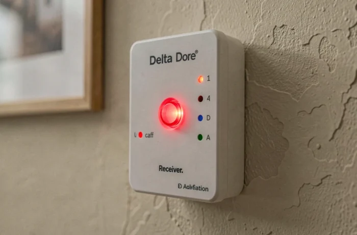 Gros plan sur le voyant rouge allumé d'un boîtier domotique Delta Dore fixé au mur d'un salon