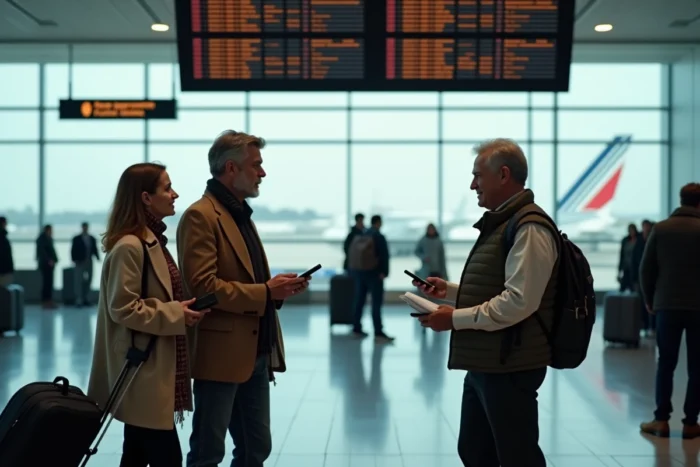 Groupe de voyageurs devant un tableau de départ Air France consultant leurs priorités d'embarquement et statuts de fidélité