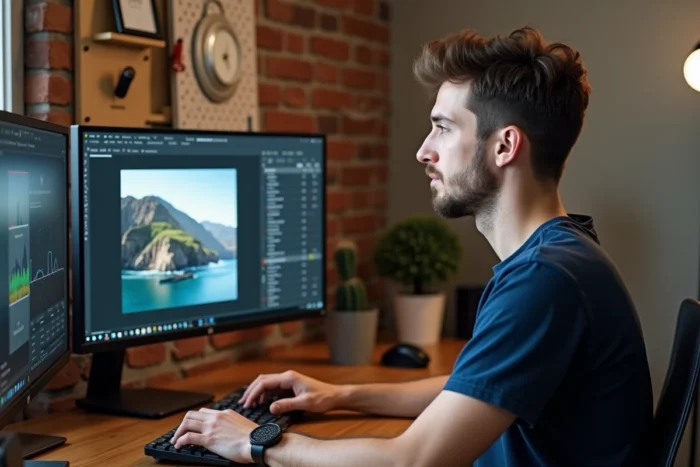 Homme concentré devant un double écran d'ordinateur explorant des loisirs créatifs en ligne dans un bureau moderne