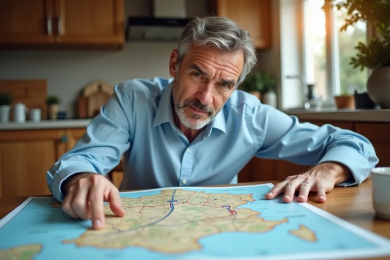Homme consultant une carte routière des autoroutes françaises sur une table en bois