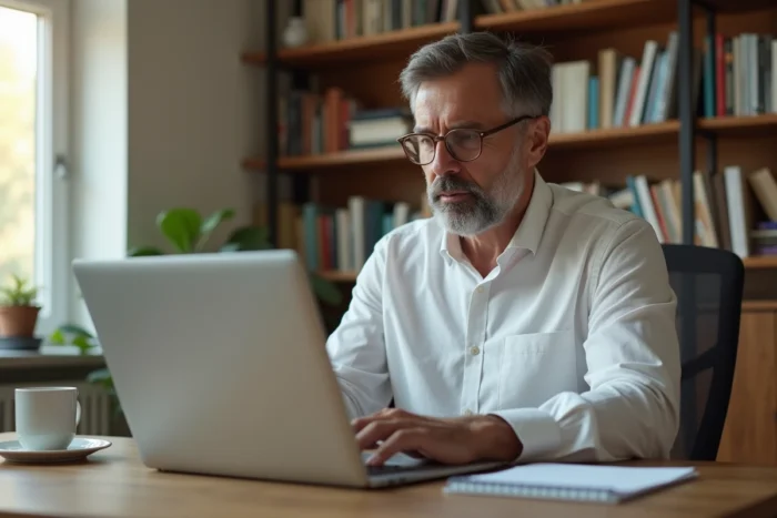 Homme consultant les taux du compte à terme Crédit Agricole 2026 sur son ordinateur à domicile