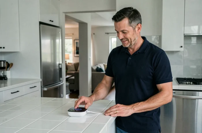 Homme interagissant avec un assistant domotique intelligent dans une cuisine moderne connectée