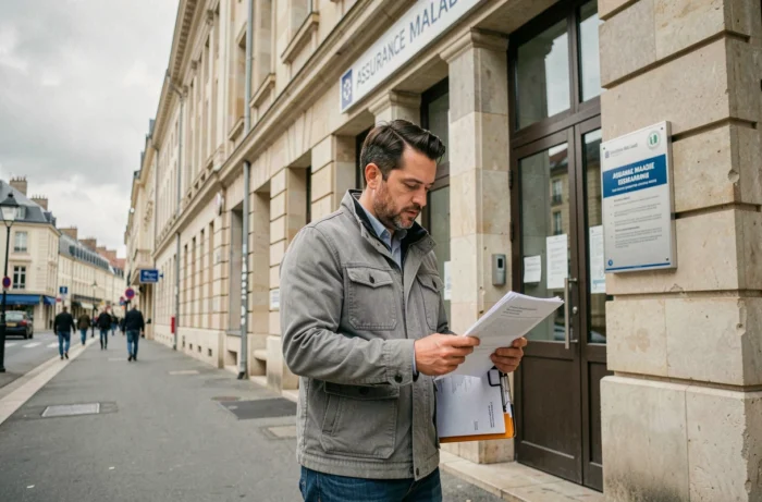 Homme consultant des documents administratifs devant le bâtiment de la CPAM à Calais
