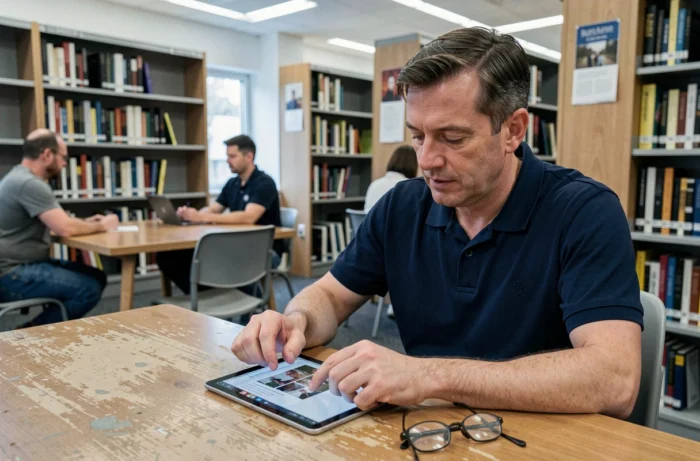 Homme consultant un forum Seqens sur une tablette dans une bibliothèque publique
