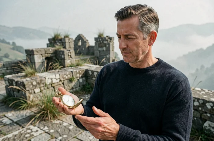 Homme contemplant une montre de poche ancienne affichant 12h02 sur une terrasse en pierre, symbolisme spirituel et numérologie en plein air