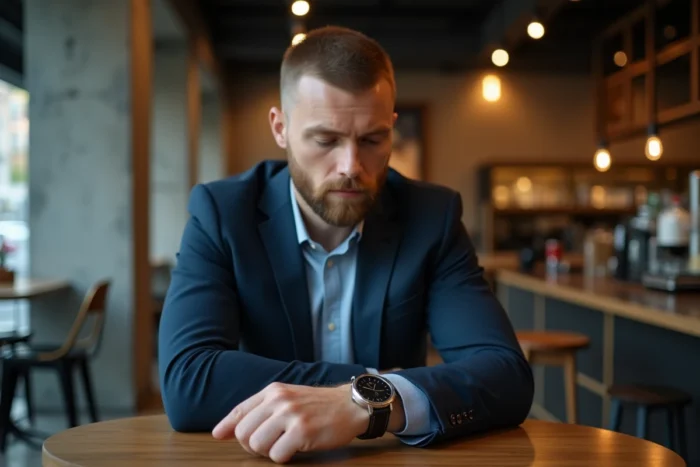Homme en costume marine admirant sa montre en cuir minimaliste dans un café moderne