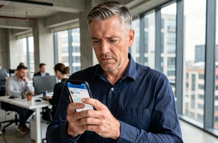 Homme consultant les notifications de partage Facebook sur son smartphone dans un espace de bureau moderne en ville
