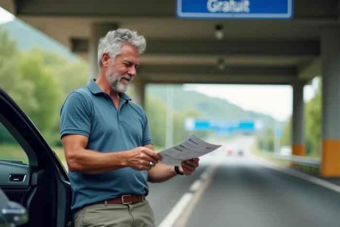Homme consultan un itinéraire de road trip devant un péage d'autoroute gratuite en France
