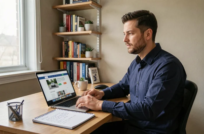 Homme consultant les horaires du 3900 Orange sur son ordinateur portable à son bureau