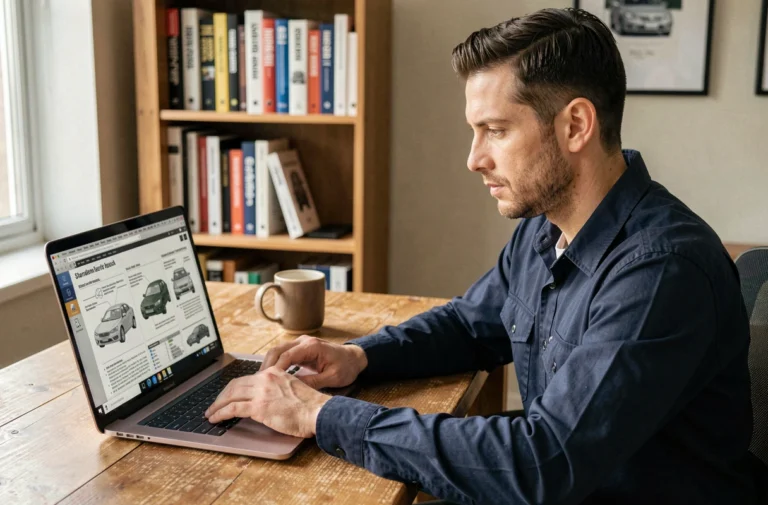 Homme consultant une revue technique automobile en PDF sur son ordinateur portable dans un bureau à domicile