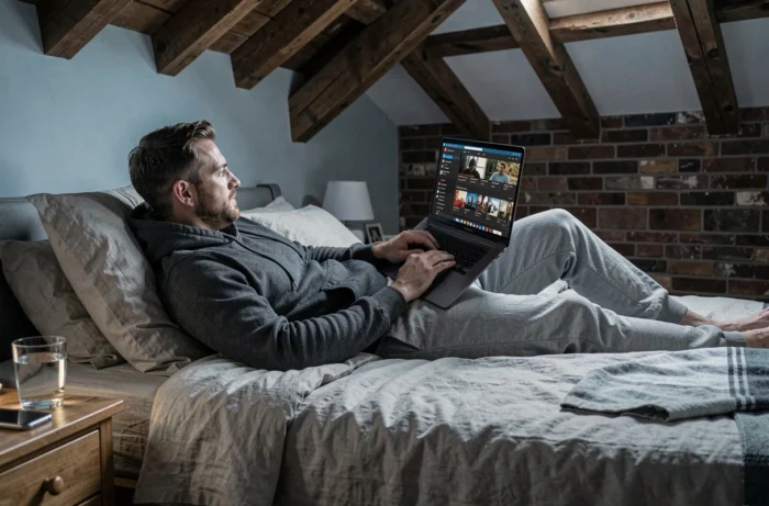 Homme regardant des épisodes en ligne sur son ordinateur portable dans une chambre moderne