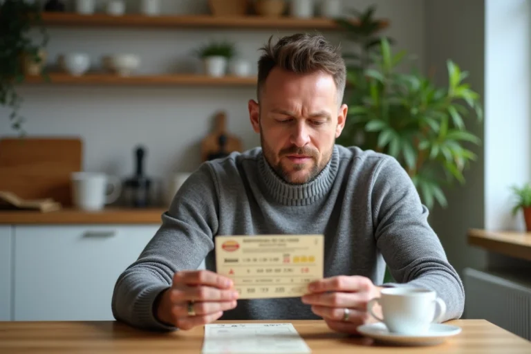 Homme tenant un ticket EuroMillions et vérifiant ses numéros gagnants à la table de cuisine