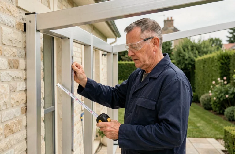 Artisan mesurant la structure d'une véranda sur mesure sur une maison pavillonnaire dans les Yvelines