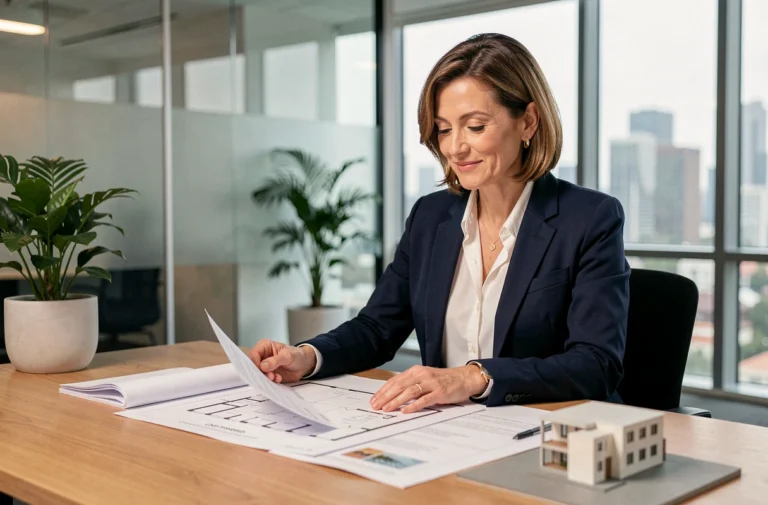 Femme professionnelle en bureau immobilier analysant des plans de propriété pour un investissement immobilier réussi en 2024