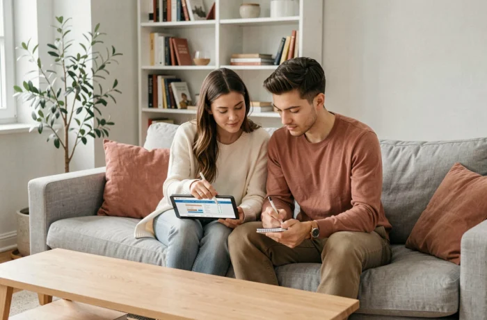 Jeune couple choisissant ensemble leur mutuelle santé sur une tablette dans leur salon