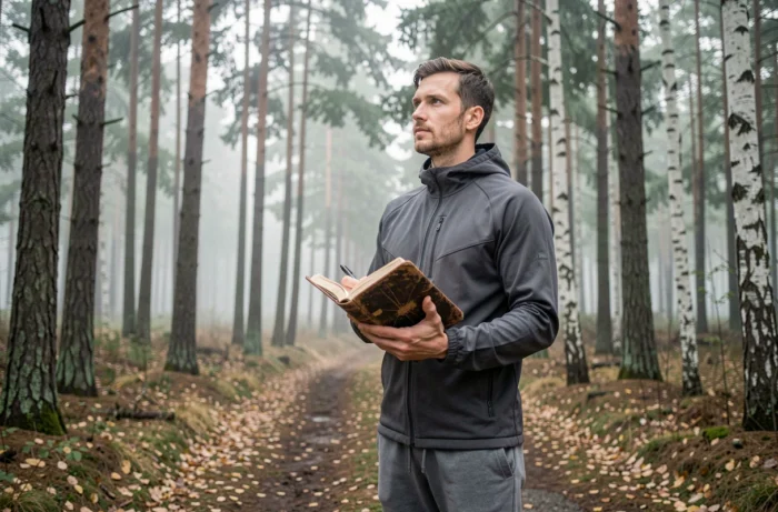 Homme en forêt tenant un journal de développement personnel lors d'une promenade matinale ressourçante