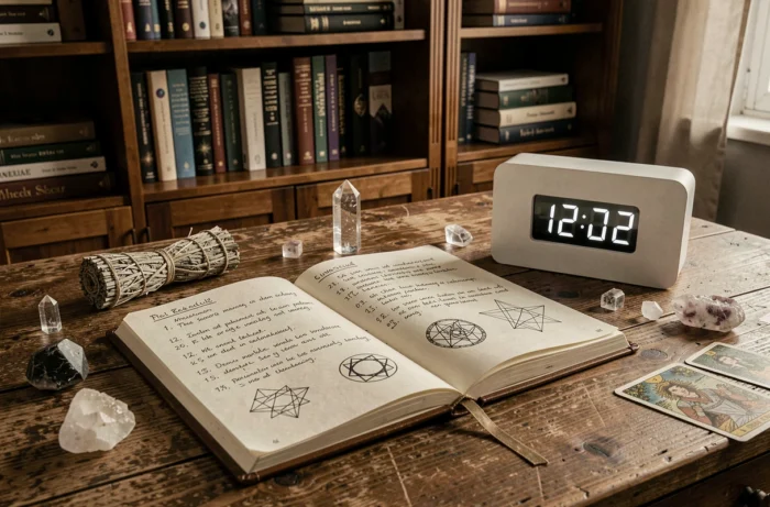 Journal de numérologie ouvert avec notes manuscrites sur la signification spirituelle de 12h02, cristaux et symboles ésotériques sur un bureau en bois
