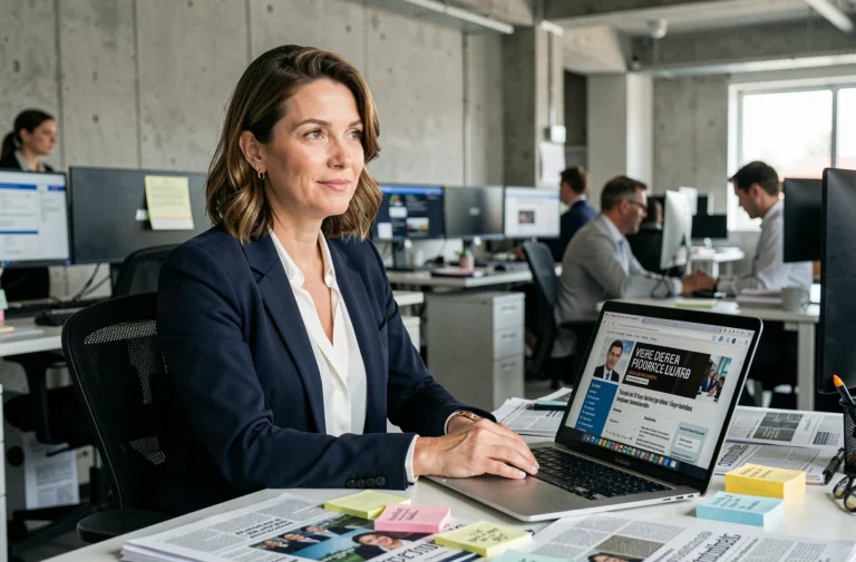 Journaliste professionnelle assise dans une rédaction moderne devant son bureau couvert de documents et d'un ordinateur portable