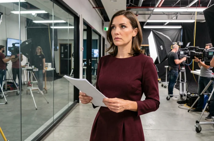 Journaliste de télévision en couloir de production tenant un script, vue en pied dans un environnement de chaîne TV