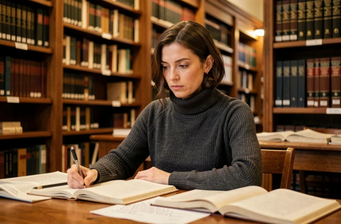 Journaliste effectuant des recherches et une vérification des faits dans une bibliothèque de presse entourée d'archives et de livres