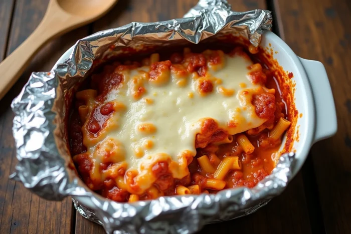 Gros plan sur des lasagnes réchauffées au four recouvertes de papier aluminium dans un plat en céramique