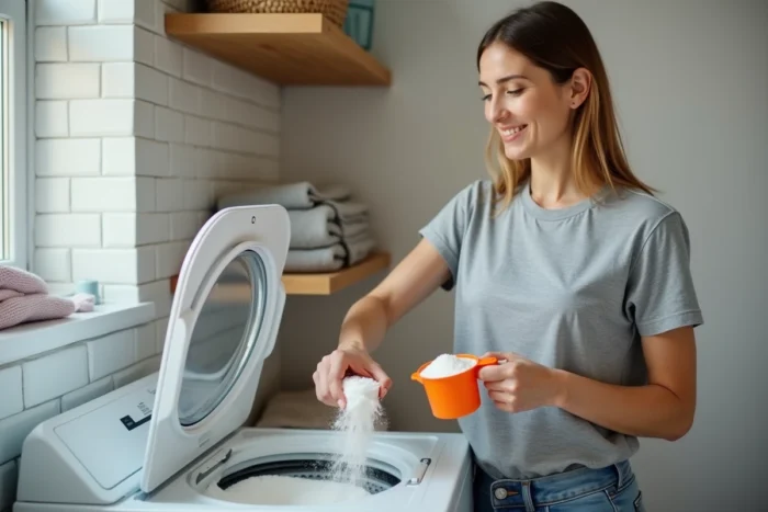 Femme versant de la lessive en poudre dans un lave-linge dans une buanderie moderne et organisée