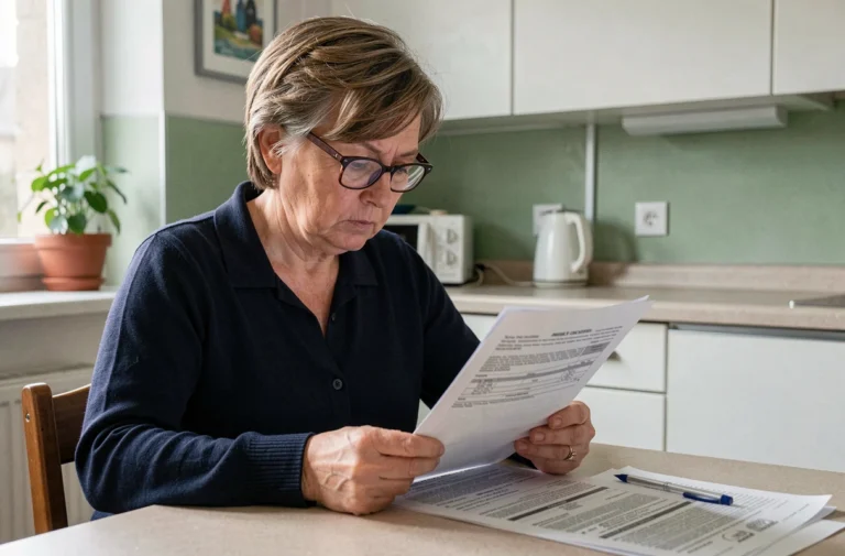 Locataire HLM d'âge moyen relisant attentivement les clauses de son contrat de bail dans sa cuisine