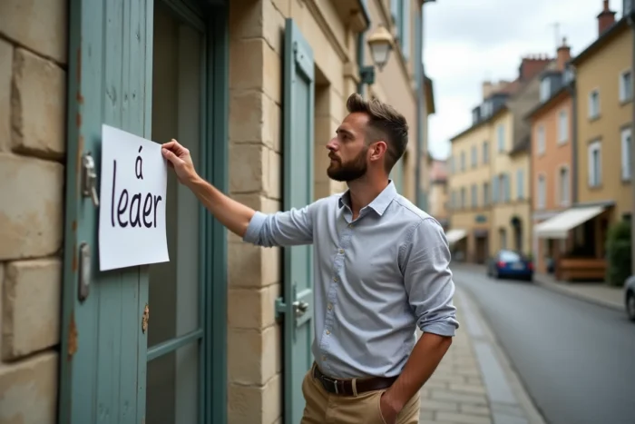 Homme consultant une annonce de location immobilière sur la façade d'un immeuble de province française