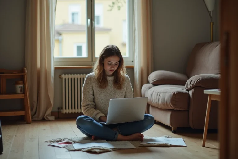 Jeune femme recherchant un logement pas cher en France dans un petit appartement modeste
