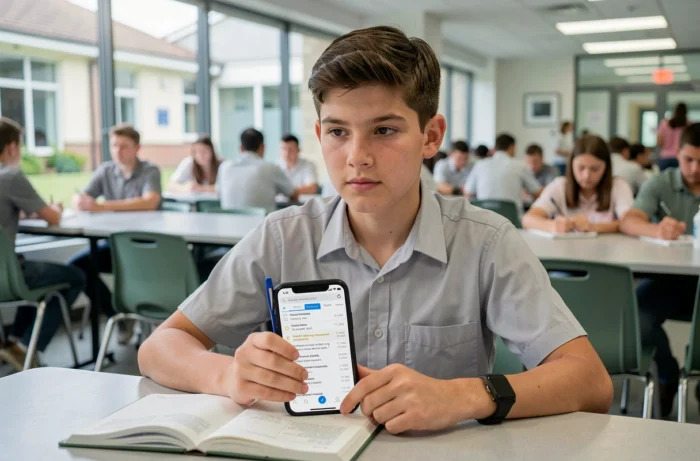 Lycéen vérifiant ses devoirs ENT16 sur téléphone à la cantine scolaire