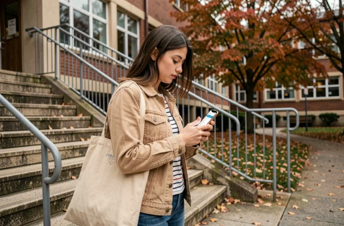Lycéenne consultant son emploi du temps ENT16 sur smartphone dans la cour d'école