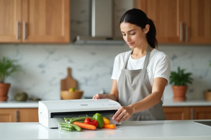 Femme utilisant une machine FoodSaver pour mettre sous vide des légumes frais dans une cuisine moderne