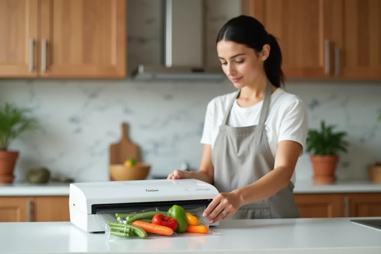 Femme utilisant une machine FoodSaver pour mettre sous vide des légumes frais dans une cuisine moderne
