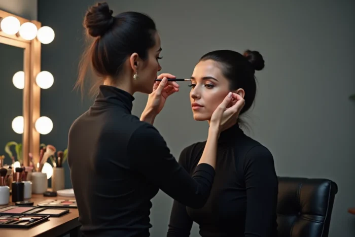 Maquilleuse professionnelle appliquant un eye-liner graphique tendance sur un modèle en studio