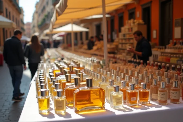 Étal de marché en plein air à Séville proposant des parfums à prix réduits