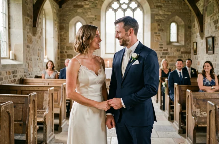 Mariée en robe de soie ivoire et marié en costume bleu marine se tenant la main dans une chapelle de campagne française lors d'un mariage discret