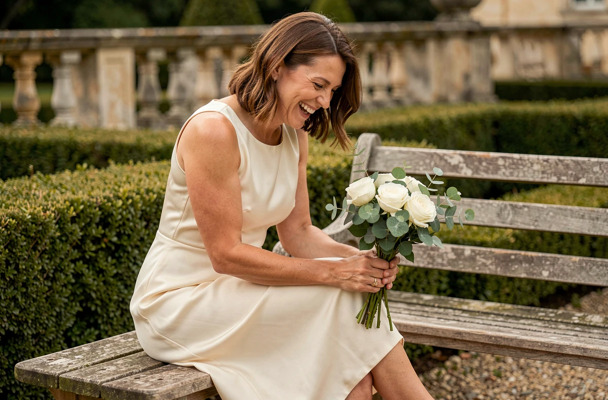 Mariée souriante tenant un bouquet de roses blanches dans le jardin d'un château français lors d'un mariage intime