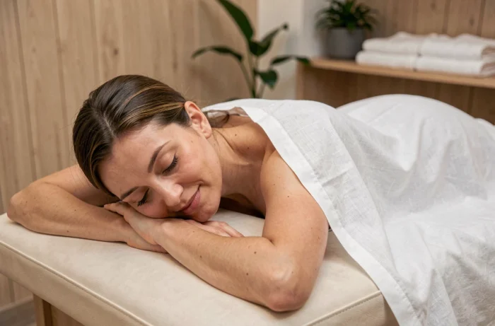 Femme détendue lors d'un soin massage en spa pour améliorer le bien-être intime et la sexualité