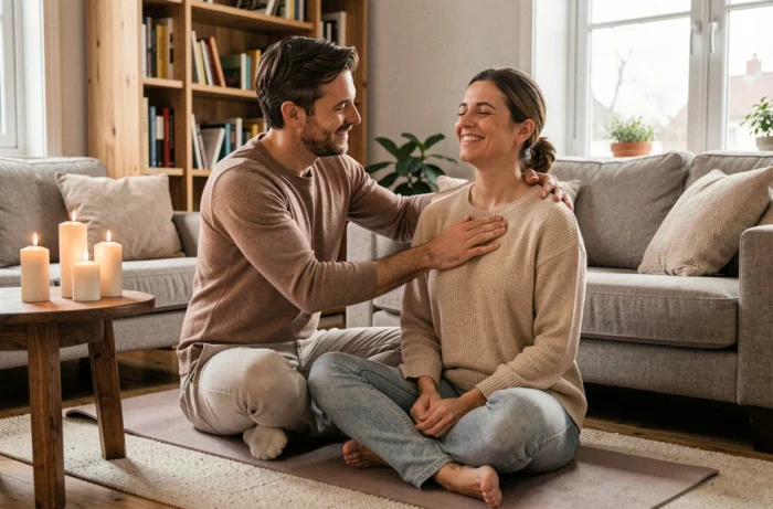 Couple pratiquant le massage à la maison pour renforcer la complicité et la connexion intime